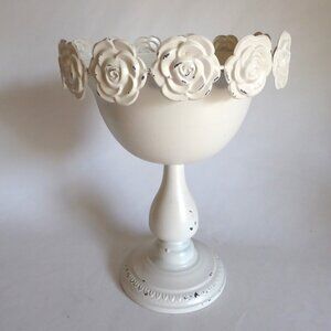 NEW 13” SHABBY CHIC CHIPPY WHITE METAL ROSE PEDESTAL CENTERPIECE BOWL URN